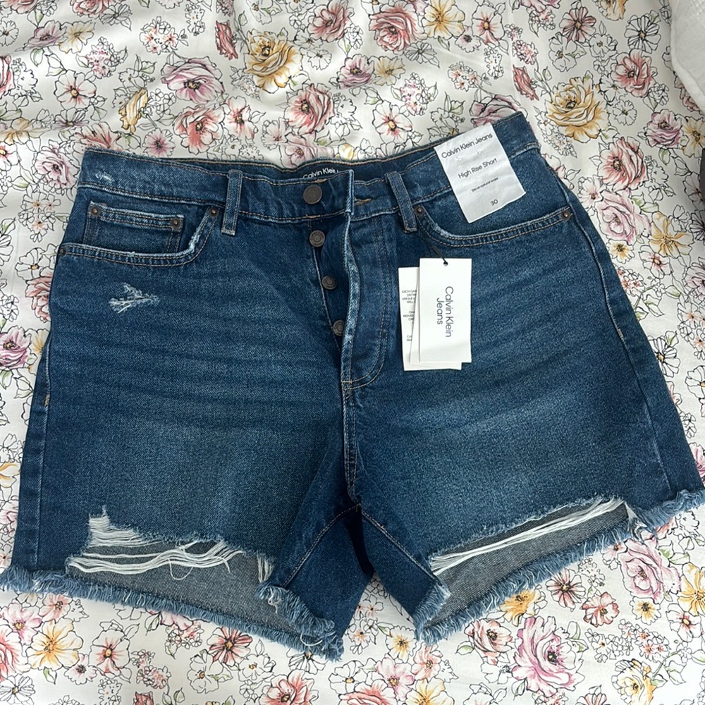 Calvin Klein Blue Jean Shorts Distressed Style